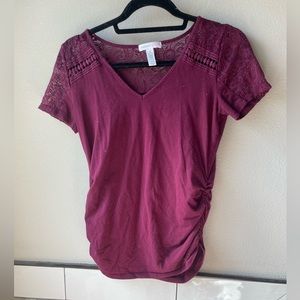 Maroon lace accent maternity shirt